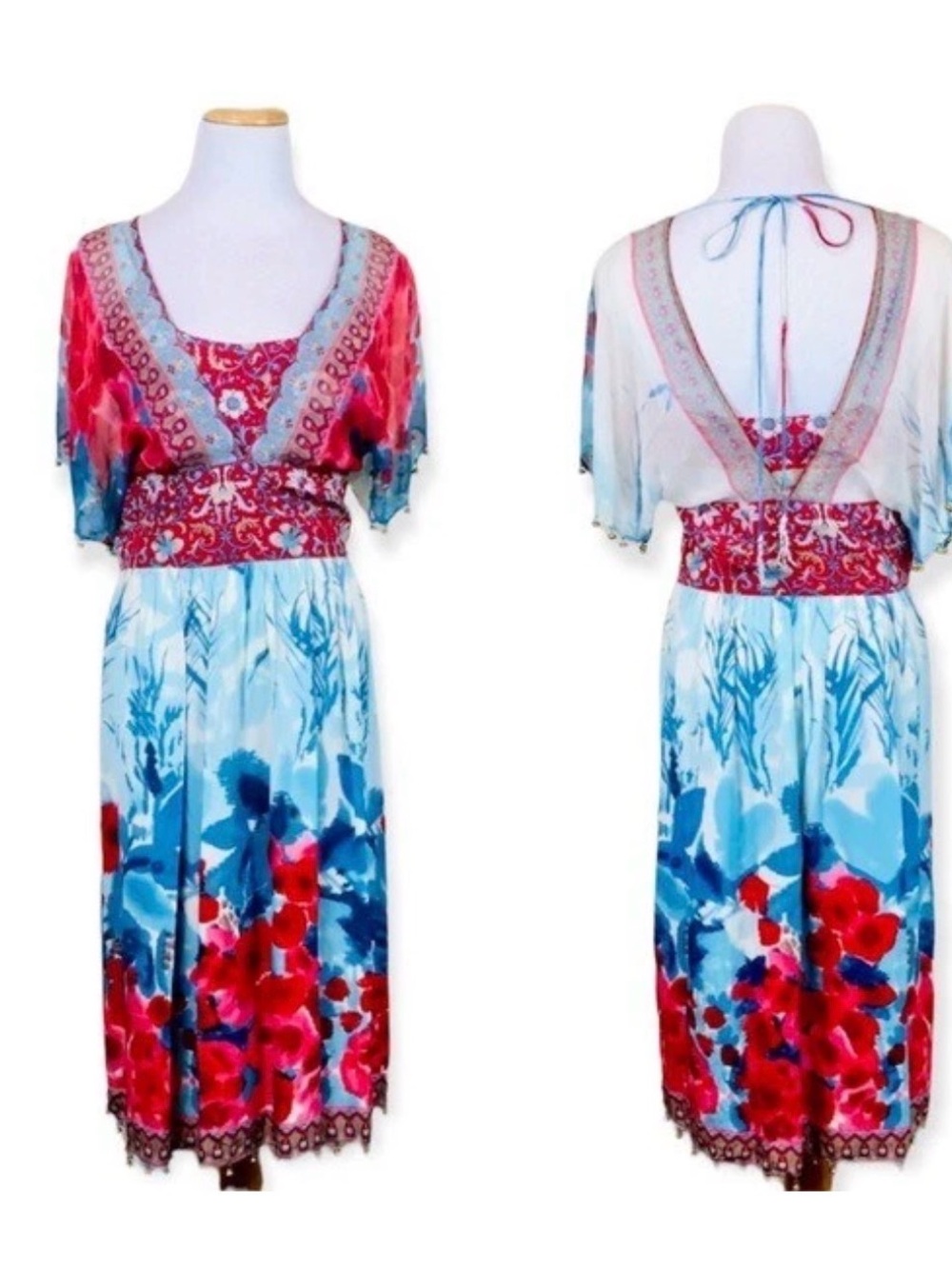 Plenty by Tracy Reese Red & Blue Floral Midi Dress with Beading
